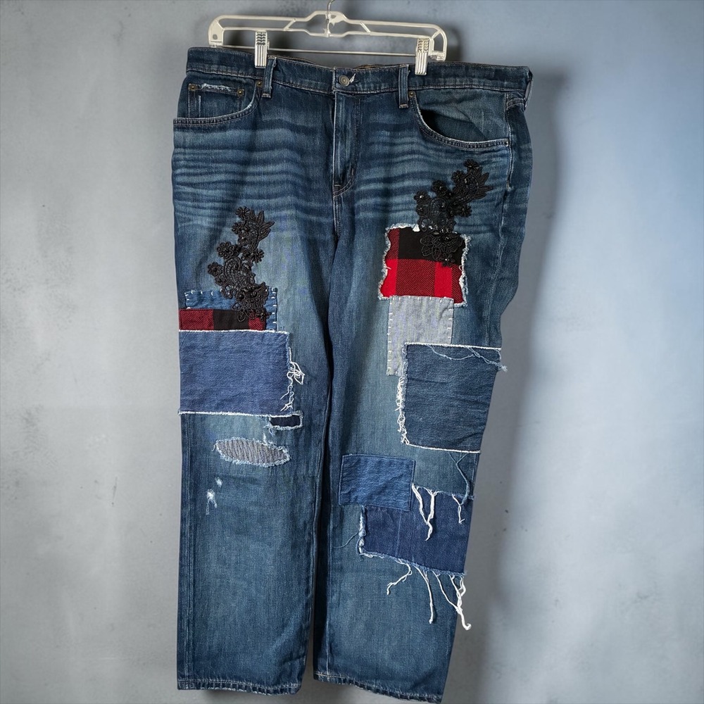 Lauren Ralph Lauren Patchwork Lace Plaid Straight Leg Jeans Blue 14W Plus Size - Picture 4 of 16